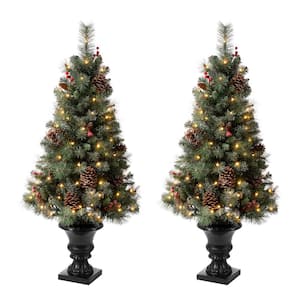 4 ft. Flocked Christmas Tree with 100 Warm White Light, Pinecone and Berries (Set of 2)