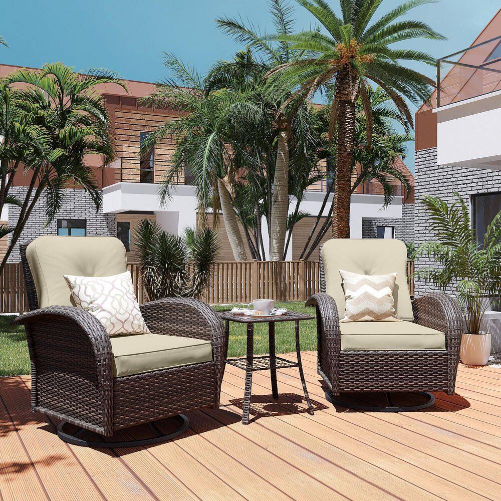 3-Piece Wicker Outdoor Rocking Chair Patio Swivel Chair Set with Table and Beige Cushions price history on PriceWatchPro