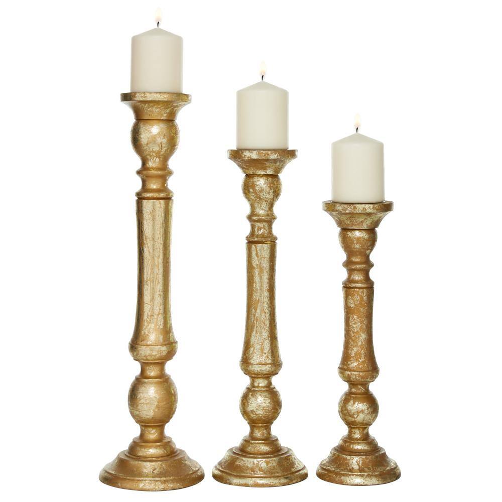 Classic Bronze and Wood Pillar Candle Holders Set of 3