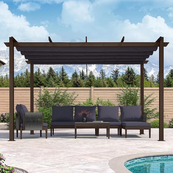 PURPLE LEAF 10 ft. x 12 ft. Bronze Aluminum Frame Outdoor Patio Pergola Gazebo with Navy Blue Retractable Sun Shade Canopy for Deck