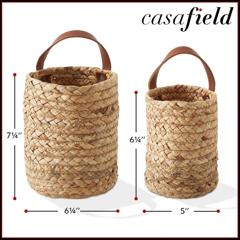 Natural Water Hyacinth Wall Hanging Baskets with Faux Leather Handles