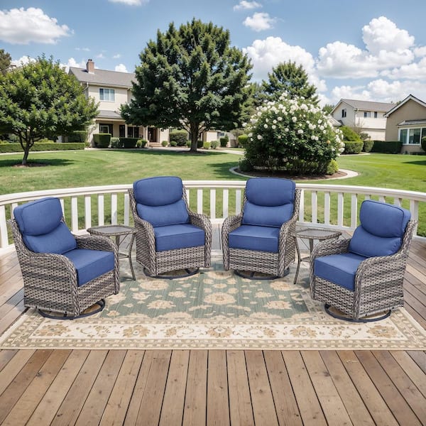 MoonLuxe Gray Swivel Glider Wicker Patio Conversation Set with Blue Olefin 6 in. Thick Cushions/Side Table (6-Piece)