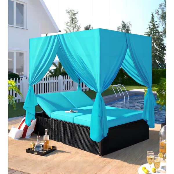 Unbranded Black Wicker Outdoor Lounge Chair Terrace Sofa, Recliner Steel Frame with Blue Cushions Mat, Adjustable Seats