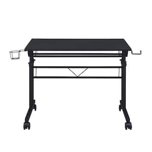 35.25 in. Rectangular Black Wood and Metal Writing Desk Height Adjustable Desk with Moveable Shelf, Lockable Wheels