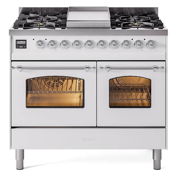 ILVE Nostalgie II 40 in. 6 Burner Freestanding Double Oven Dual Fuel Range in White with Chrome