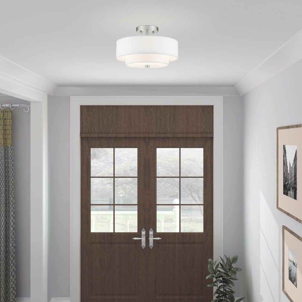 Claremont Brushed Nickel 2-Light Semi-Flush Drum with Off-White Shade