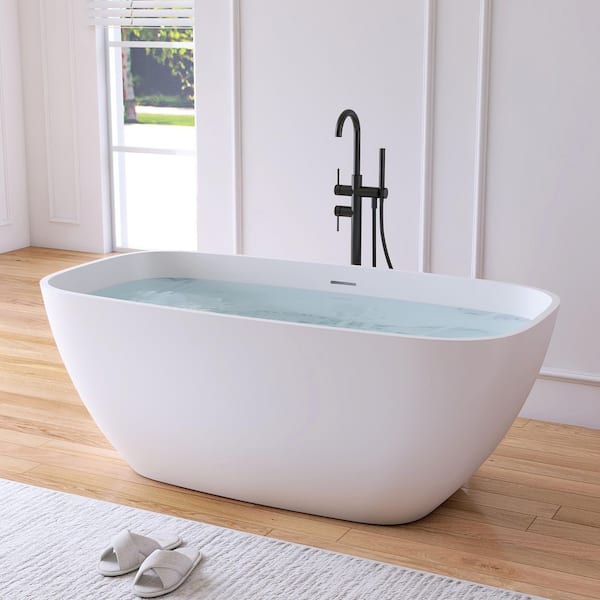 Milan 59 in. x 30 in. Stone Resin Solid Surface Matte Flatbottom Freestanding Soaking Bathtub in White