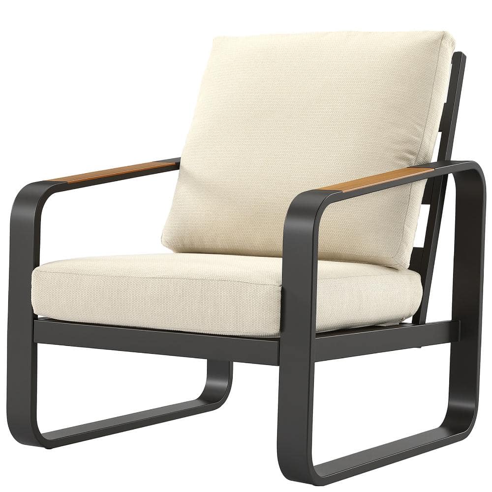 24.6 in. Outdoor Patio Armchair with 6 Inch Beige Cushions, Black Metal Frame Single Chair for Balcony Backyard Porch price history on PriceWatchPro