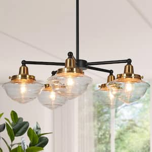 22.5 in. 5-Light Brass-Plated Round Chandelier, Seeded Glass Black Pendant Light, Modern Hanging Light Fixture