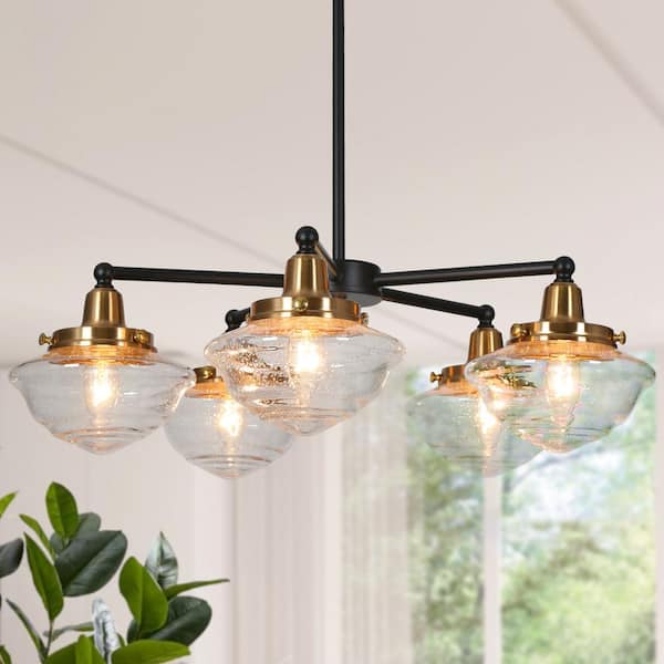 Zevni 22.5 in. 5-Light Brass-Plated Round Chandelier, Seeded Glass Black Pendant Light, Modern Hanging Light Fixture