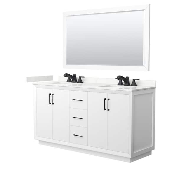 Wyndham Collection Strada 66 in. W x 22 in. D x 35 in. H Double Bath Vanity in White with Giotto Quartz Top and 58 in. Mirror