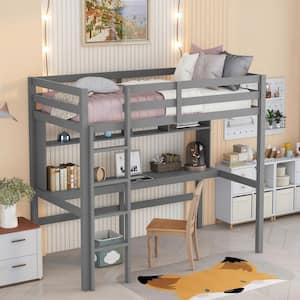 Gray Twin Size Loft Bed with Desk, Wooden Loft Bed Frame with Shelves, Built in Ladder, Loft Bed for Kids Teens