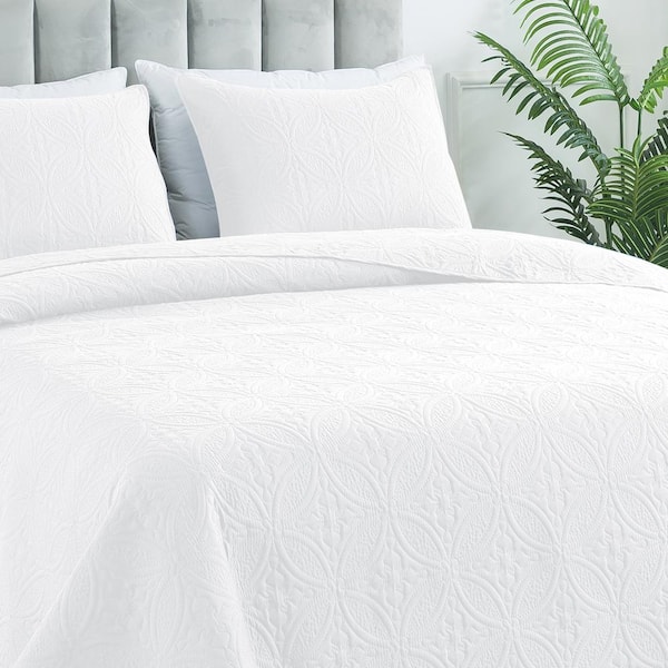 3-Piece White Modern Microfiber Full/Queen-Quilt-Set Quilt Set