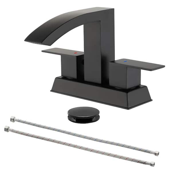 4 in. Centerset Double Handle Waterfall Bathroom Faucet with Drain Assembly 3 Hole Bathroom Sink Taps in Matte Black