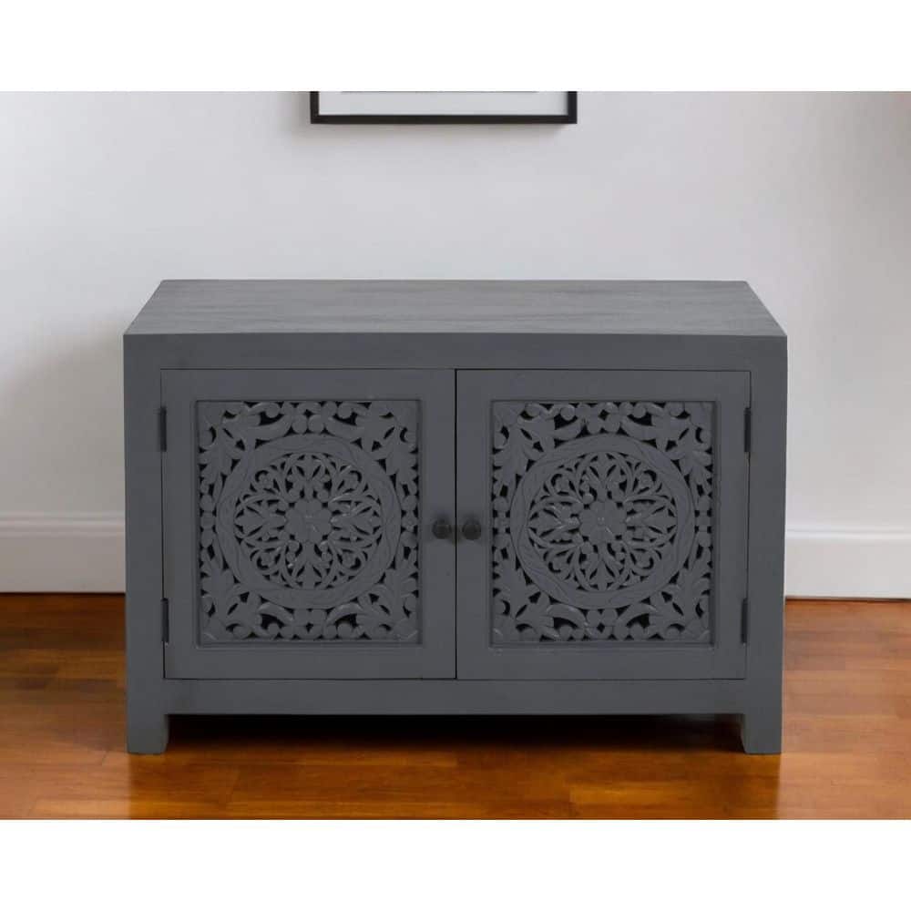 30" Gray Distressed Solid Wood Textured Door Accent Cabinet With Two Doors