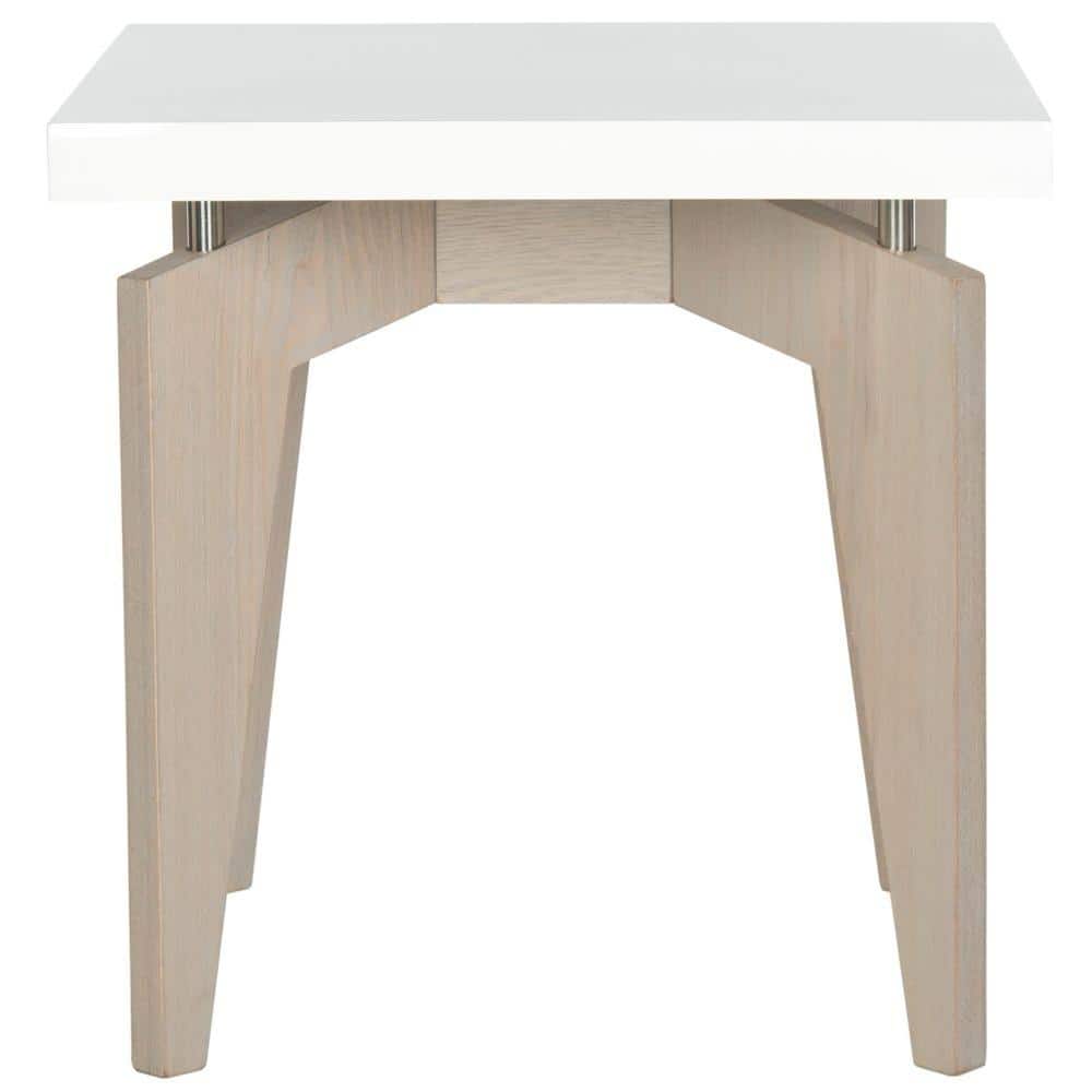 Petite White and Grey Lacquer End Table with Light Wood Legs