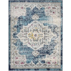 Vintage 8 ft. x 10 ft. Boho Medallion Area Rugs Low Pile Non-Shedding Distressed Mat in Blue