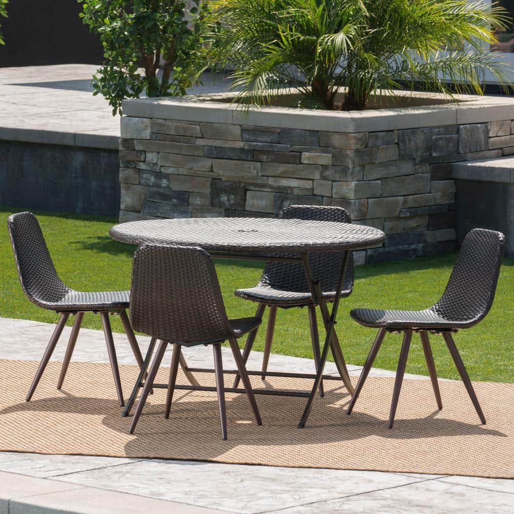 Jude Caleb Multi-Brown 5-Piece Faux Rattan Outdoor Dining Set -  Noble House, 20600