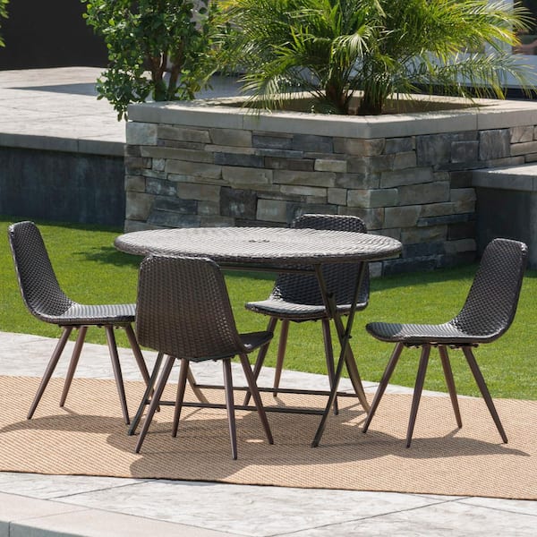 Noble House Jude Caleb Multi-Brown 5-Piece Faux Rattan Outdoor Dining Set