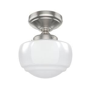 Saddle Creek 6.75 in. 1-Light Brushed Nickel Semi-Flush Mount with Cased White Glass Shade