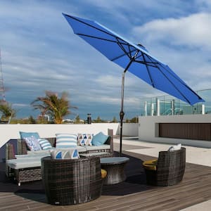 10 ft. Table Market Yard Outdoor Patio Umbrella with Solar LED Lights in Blue
