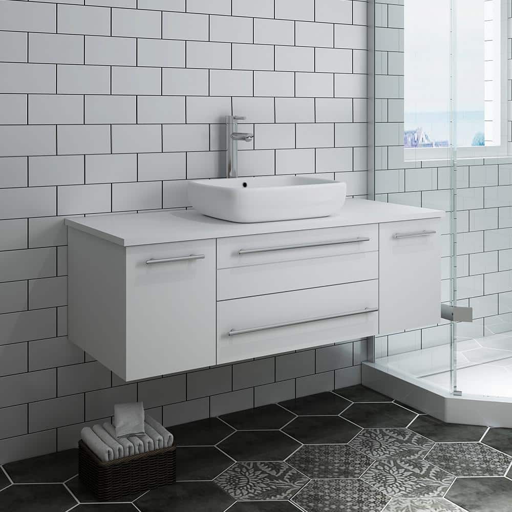 48" White Quartz Stone Wall-Mount Vanity with Vessel Sink