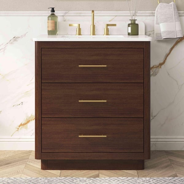 DELUXE DL LIVING Grisel 31 in. Single Sink Freestanding Brown Bath Vanity with White Engineered Stone Top and Backsplash Assembled