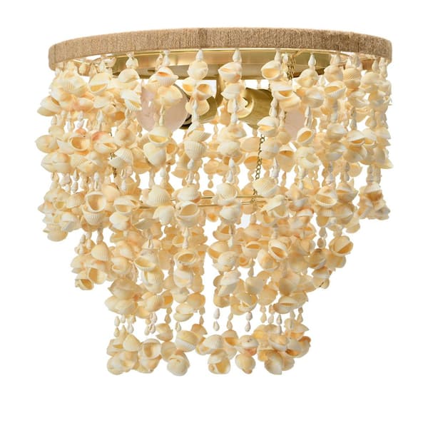 Storied Home 2-Light Matte Gold Round Chandelier with Metal and Shell Flush Mount Shade