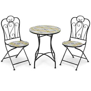 3-Piece Mosaic Floral Pattern Metal Round Outdoor Bistro Set with Folding Chair, Yellow
