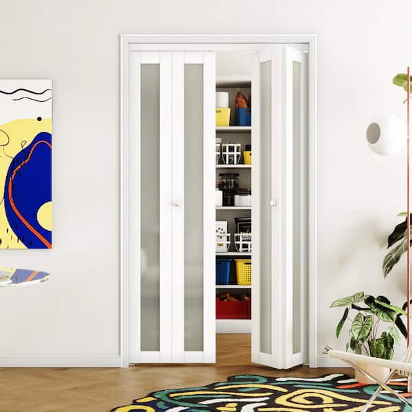 48 in. x 80 in. (Double Doors) White Frosted Glass, MDF Single Glass Panel Bi-Fold Doors with Hardware Kits