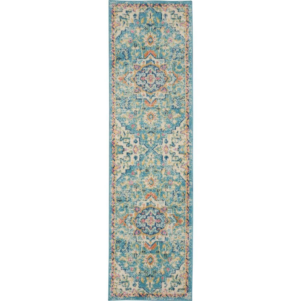 Ivory and Light Blue Floral Synthetic Runner Rug