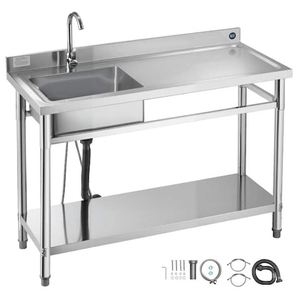 Stainless Steel Utility Sink, Freestanding Single Bowl w/ Right Drainboard, Faucet & H/C Lines, 47 x 19.7 x 37 in