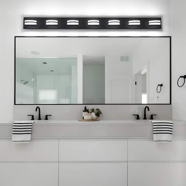 53.15 in. 7-Light Black LED Vanity Light with 360° Up and Down Dimmable 5500K Light