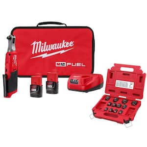 M12 FUEL 12V Li-Ion Brushless High Speed 3/8 in. Cordless Ratchet Kit w/(2) Batteries, Charger, Bat, & SAE Socket Set