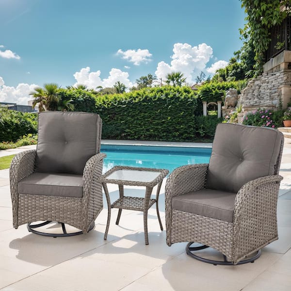 Pocassy Gray 3-Piece Wicker Patio Conversation Set with Gray Cushions and Coffee Table All-Weather Swivel Rocking Chairs