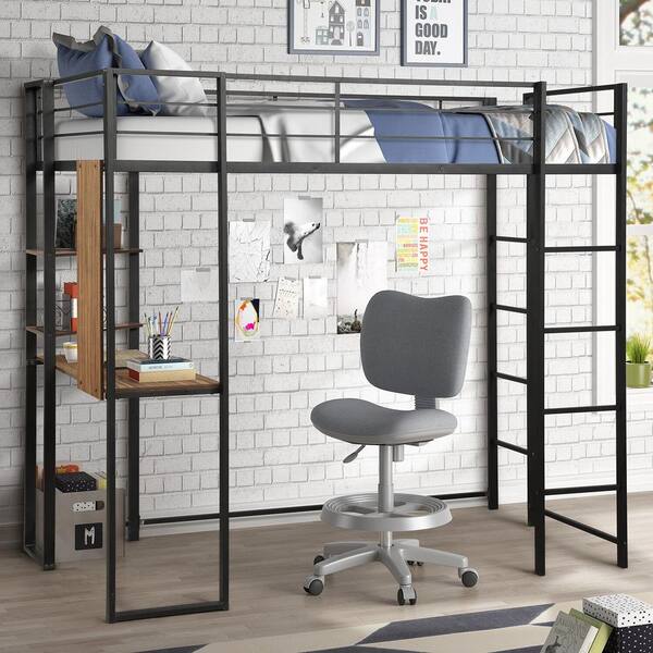 Anbazar Black Twin Size Metal Loft Bed, Twin Loft Bed With Desk And Bookcase