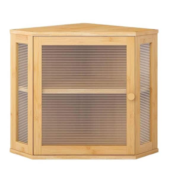 1-Piece Corner Bread Box Set with Acrylic Wavy Door Panel, Large Capacity Kitchen Storage Bin Made of Bamboo Wood