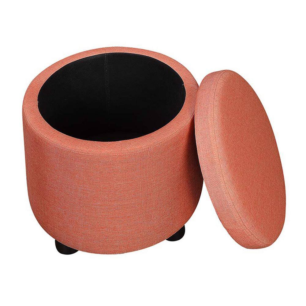 Coral Faux Linen Round Storage Ottoman with Reversible Tray