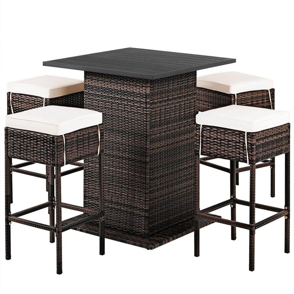 Gray Wicker 5-Piece Outdoor Bar Set with White Cushions