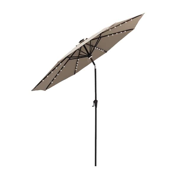 FLAME&SHADE 11 ft. Aluminum Market Solar Lighted Tilt Patio Umbrella with LED in Taupe Solution Dyed Polyester