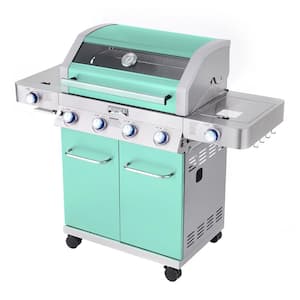 4-Burner Propane Gas Grill in Green with Clear View Lid, LED Controls, Side and Sear Burners