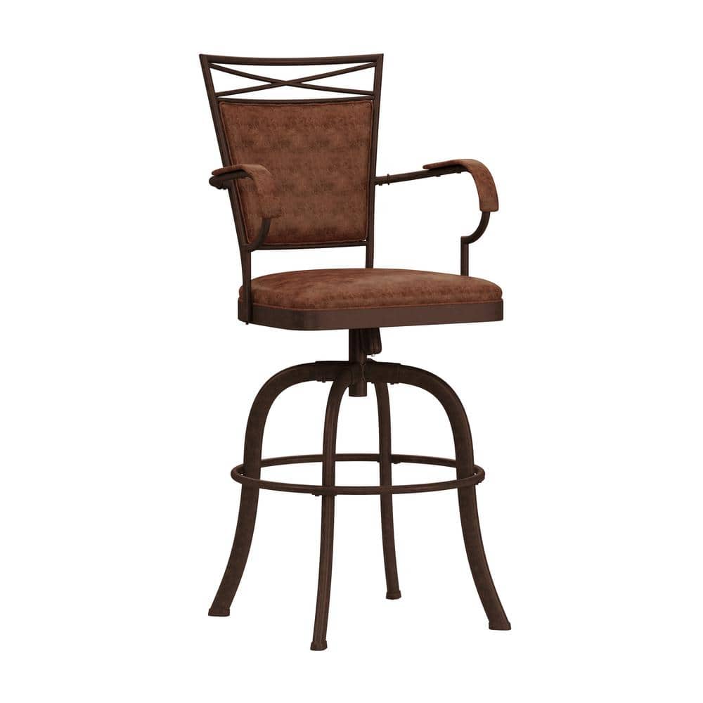 Aged Bronze Swivel Bar Stool with Weathered Brown Faux Leather