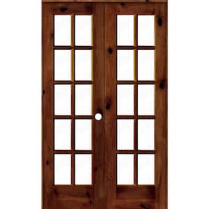 48 in. x 80 in. Knotty Alder Left-Handed 10-Lite Clear Glass Red Chestnut Stain Wood Double Prehung French Door