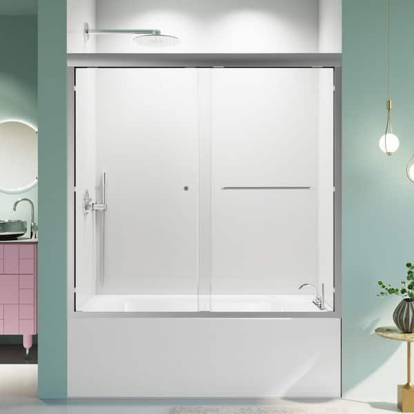 ANGELES HOME 56-60 in. W x 58 in. H Semi-Frameless Double Sliding Bathtub Door in Chrome with 1/4 in. (6mm) Thick SGCC Tempered Glass