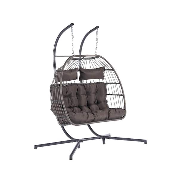 Sudzendf 2-Person PE Rattan Wicker Patio Swing Hanging Chair Egg Chair with Dark Gray Cushions