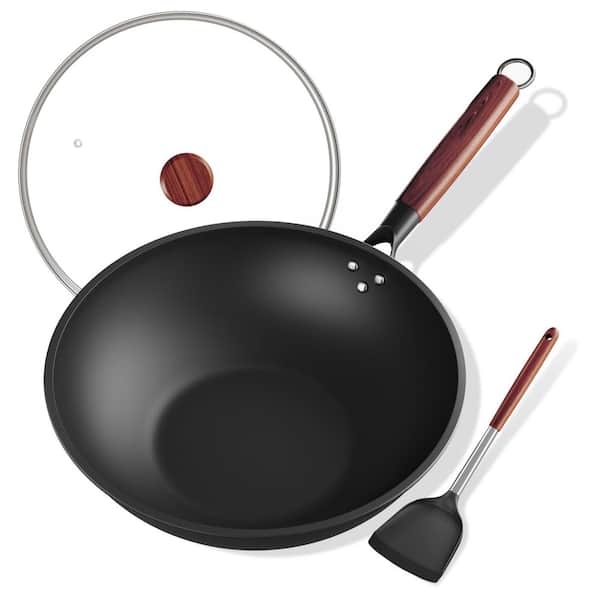 Large 13 in. Black Carbon Steel Induction Wok Pan with Glass Cover Silicone Spatula, Multi-Stovetop Applicable