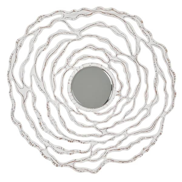 Litton Lane 45 in. x 45 in. Carved Round Framed White Floral Wall Mirror with Cutout Design