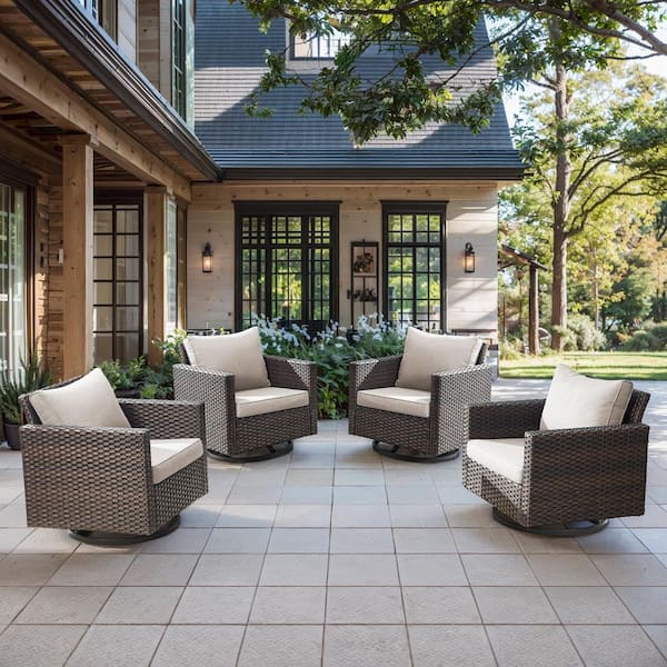 Brown Wicker Outdoor Rocking Chairs, Patio Swivel Gliders with Beige Cushions for Porch or Balcony (4-Pack)