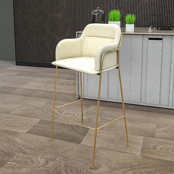 Leisuremod Axis 30 in. Seat Height Beige Low Back Gold Metal Bar Stool with Velvet Seat
