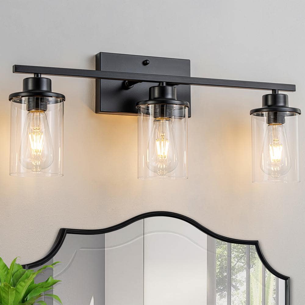 23.62 in. 3-Light Modern Black Bathroom Vanity Light with Cylinder Glass Sh